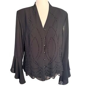 NWT Black Beaded Evening Blouse Sheer Bell Sleeve Scalloped Hem V-Neck deadstock